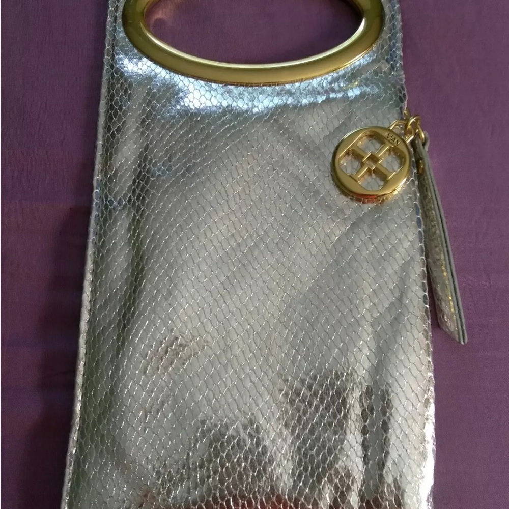 IMAN door hanger purse Silver Mesh Clutch with Gold Accents new